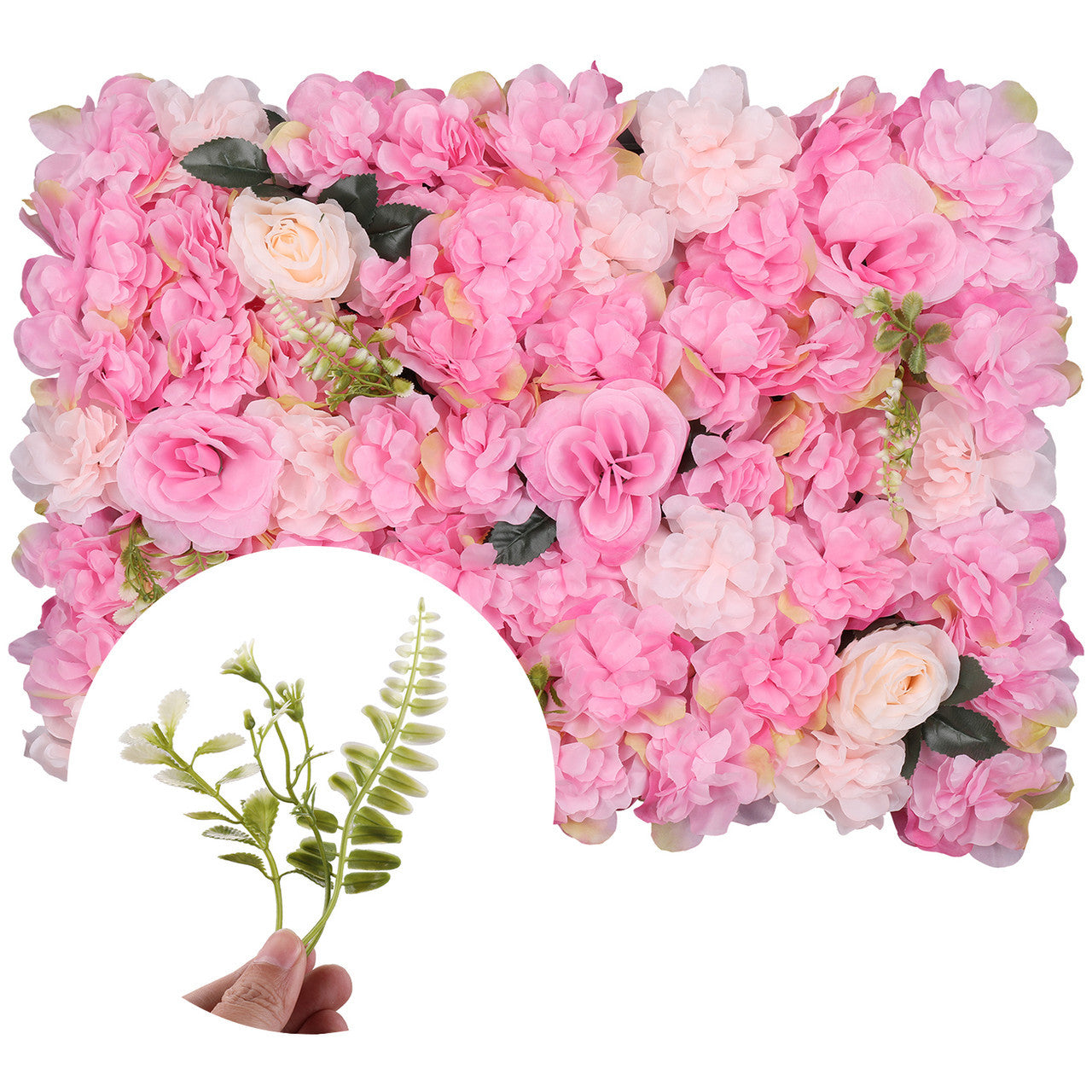 Hydrangea Artificial Flower Wall Panel 60cm x 40cm - Blush Pink & Rose Pink with Leaves x 12