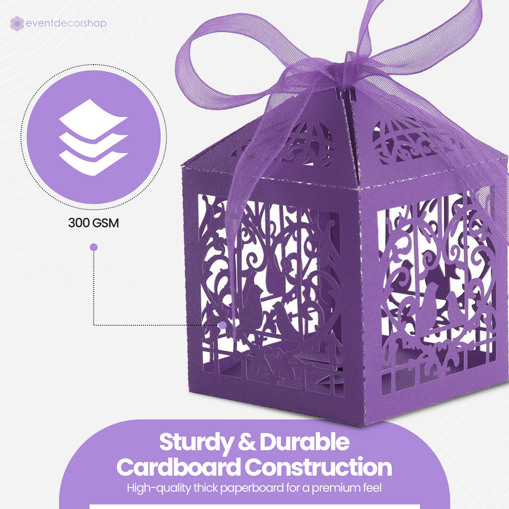 50x Laser Cut Love Heart & Doves Favours Box with Organza Ribbon - Dark Purple