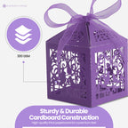 50x Laser Cut Love Heart & Doves Favours Box with Organza Ribbon - Dark Purple