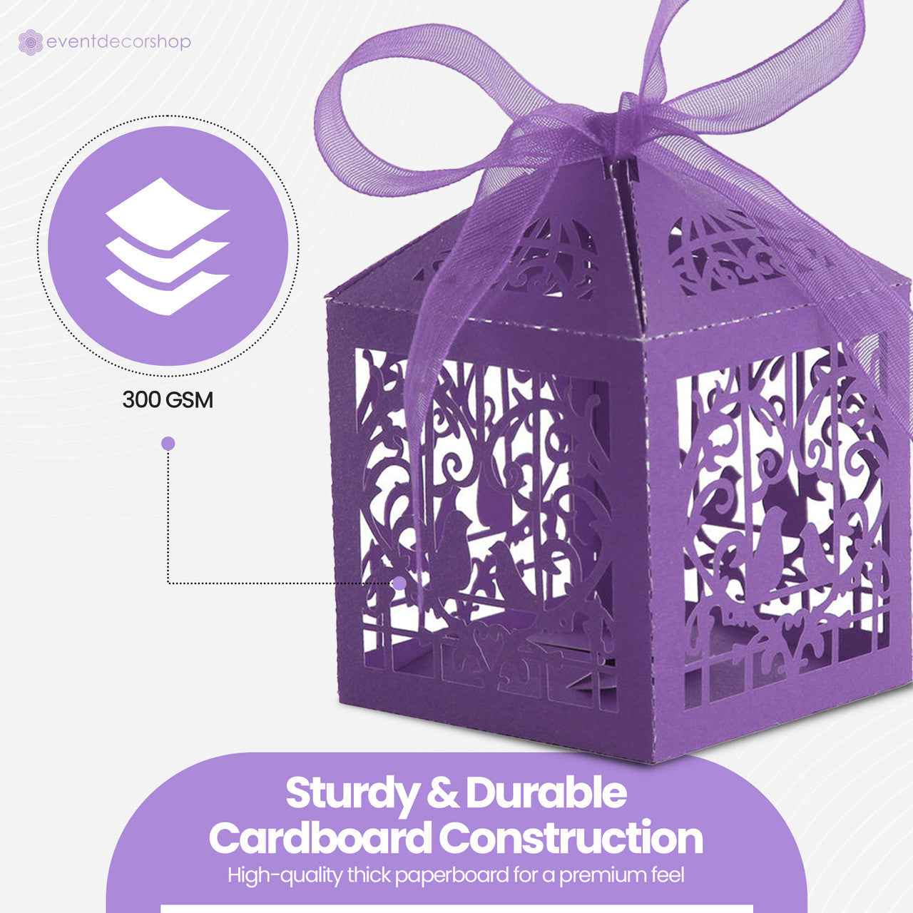 50x Laser Cut Love Heart & Doves Favours Box with Organza Ribbon - Dark Purple