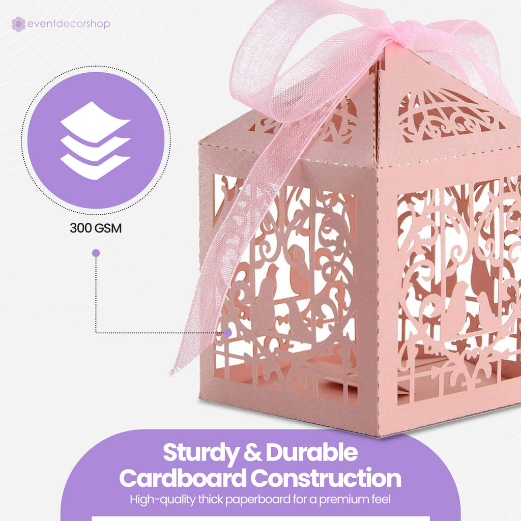 50x Laser Cut Love Heart & Doves Favours Box with Organza Ribbon - Pink