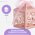 50x Laser Cut Love Heart & Doves Favours Box with Organza Ribbon - Pink
