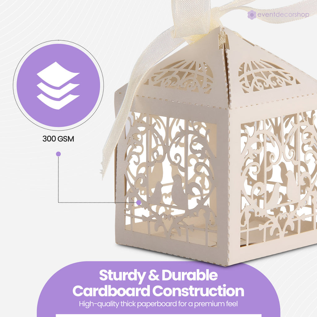 50x Laser Cut Love Heart & Doves Favours Box with Organza Ribbon - Beige