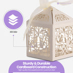 50x Laser Cut Love Heart & Doves Favours Box with Organza Ribbon - Beige