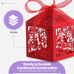 50x Laser Cut Love Heart & Doves Favours Box with Organza Ribbon - Red