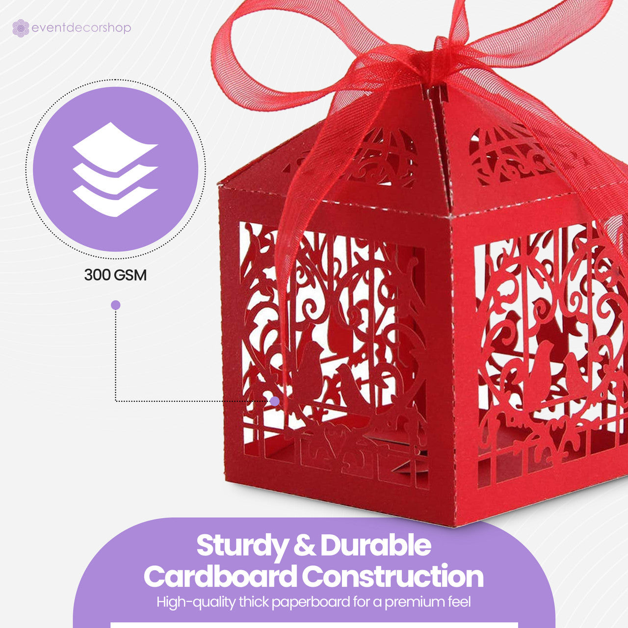 50x Laser Cut Love Heart & Doves Favours Box with Organza Ribbon - Red