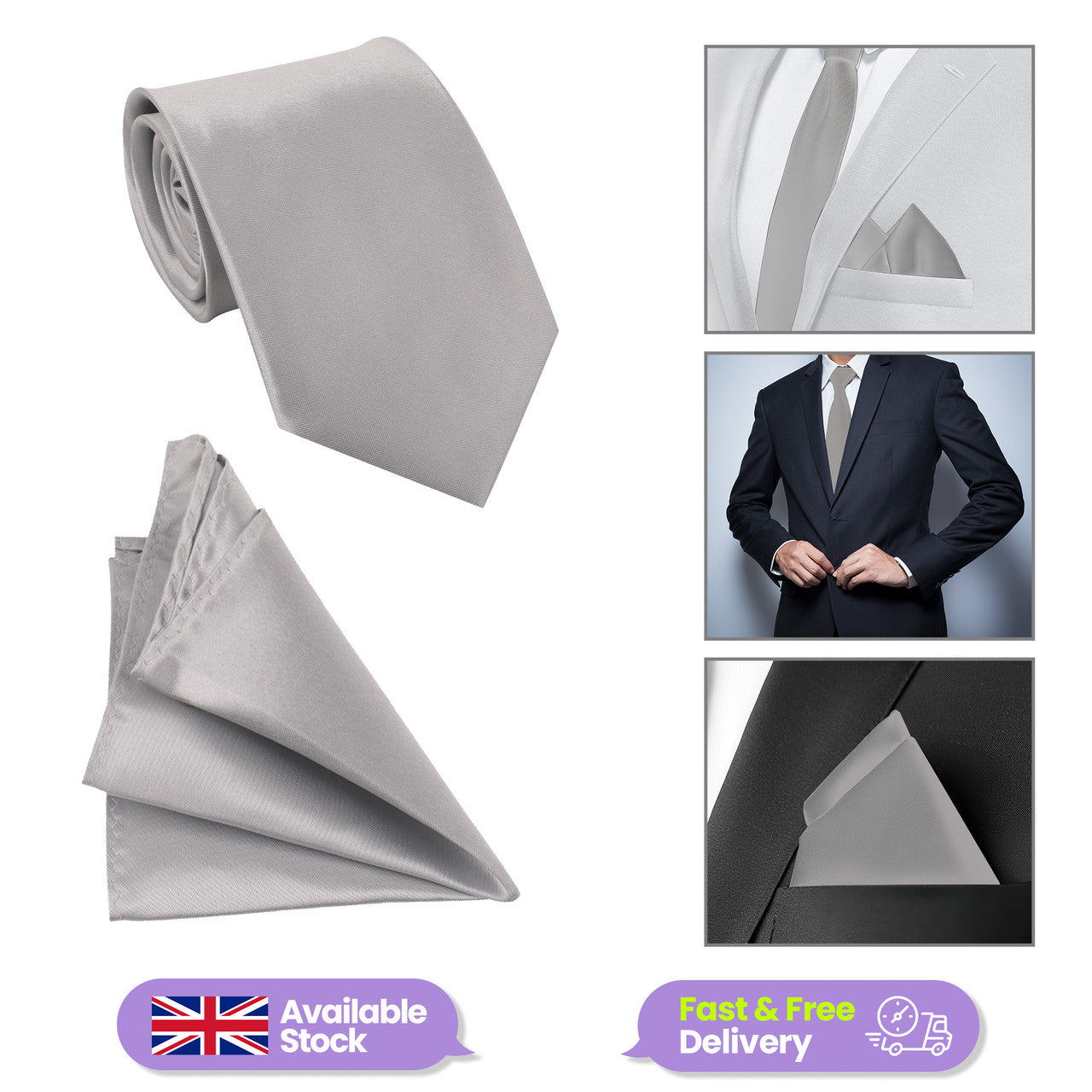 Silver Tie and Handkerchief