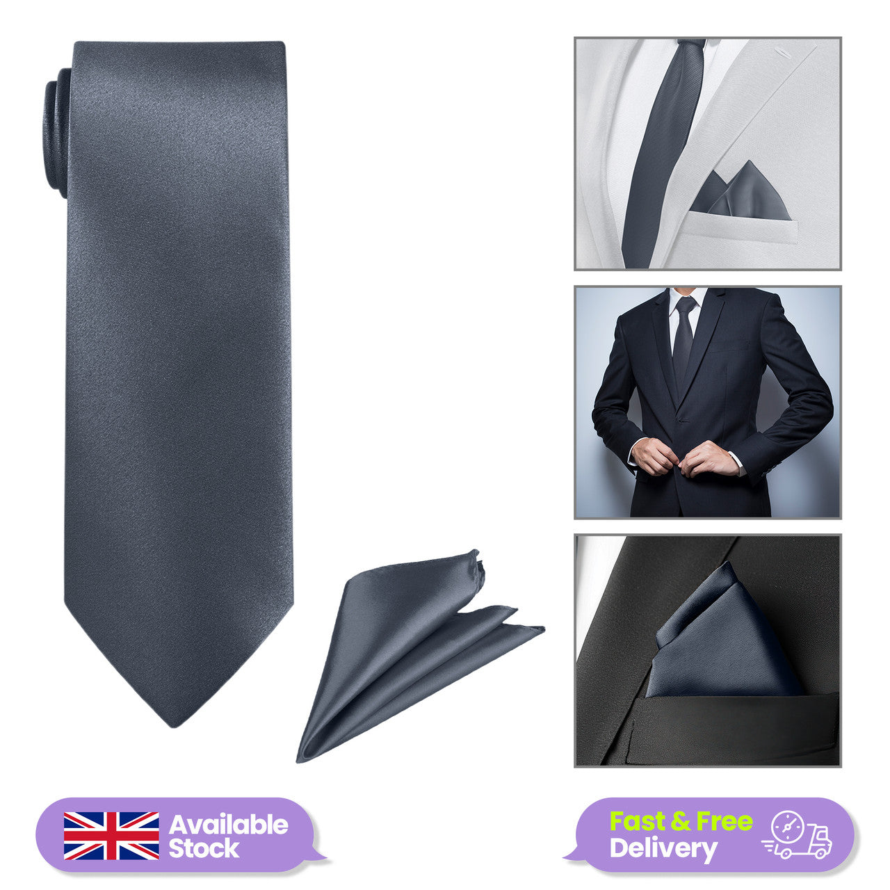 Light Grey Tie and Handkerchief