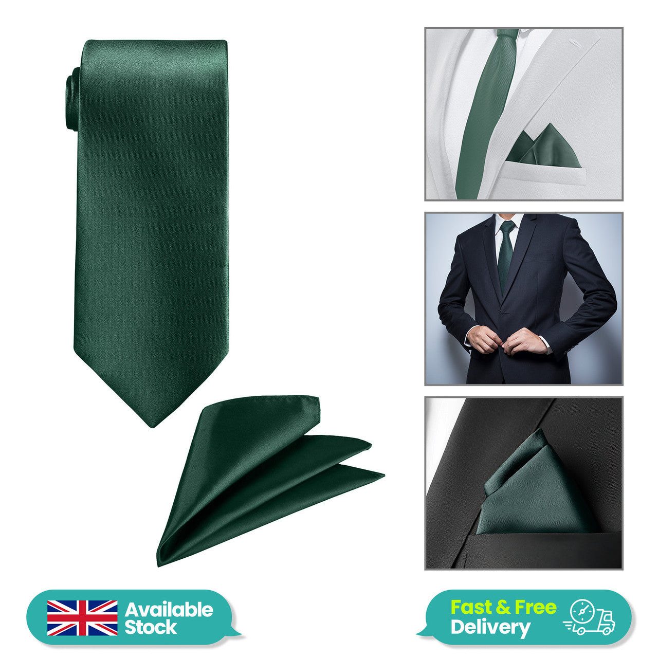 Dark Green Tie and Handkerchief