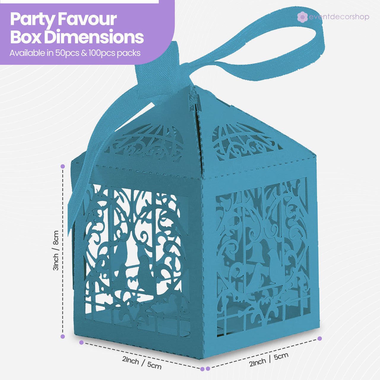 50x Laser Cut Love Heart & Doves Favours Box with Organza Ribbon - Sky Blue