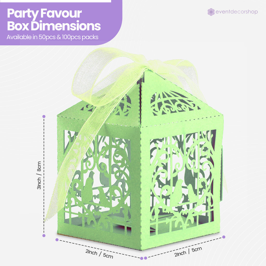 50x Laser Cut Love Heart & Doves Favours Box with Organza Ribbon - Green