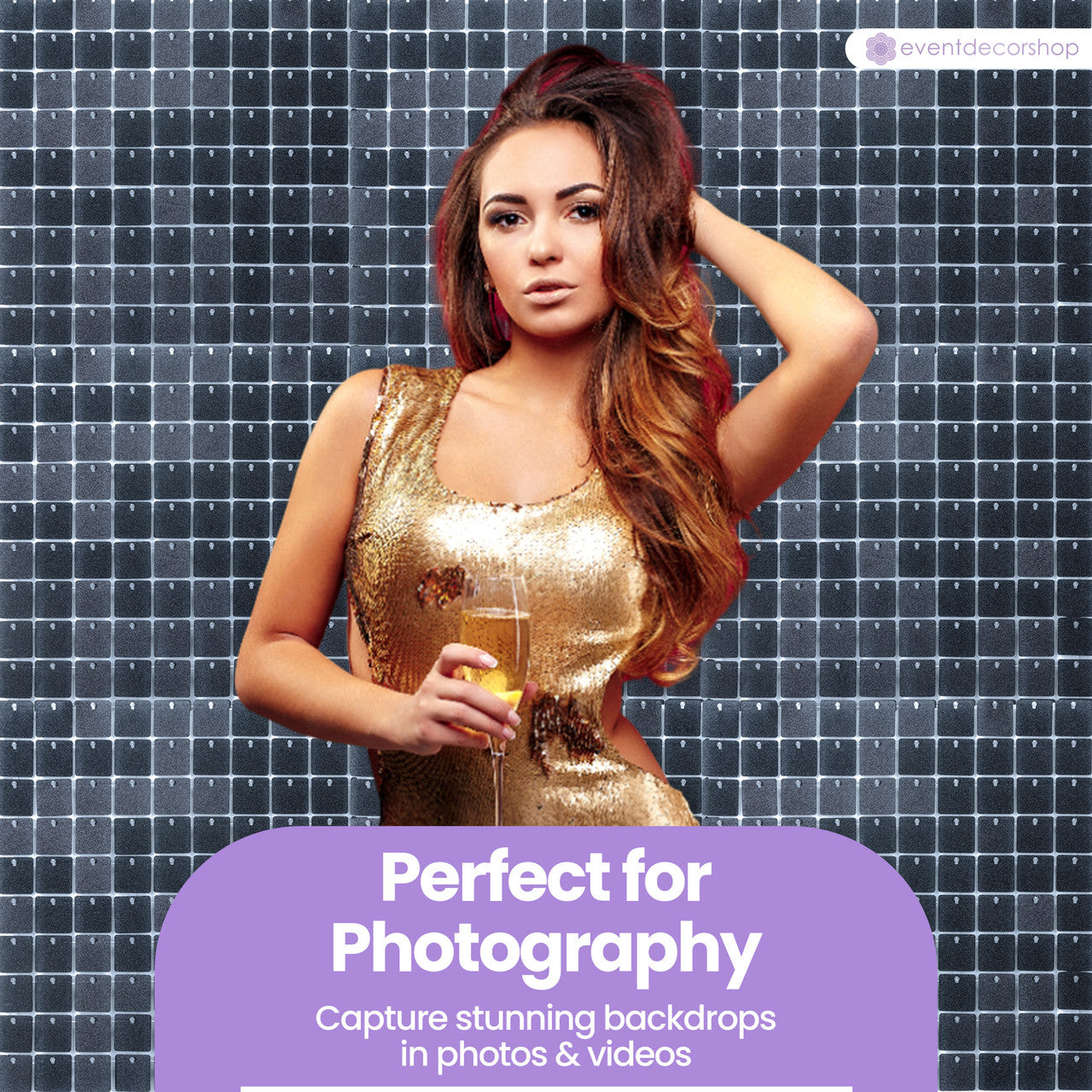 30x30cm Glitter Finish Sequin Wall Panel - Black