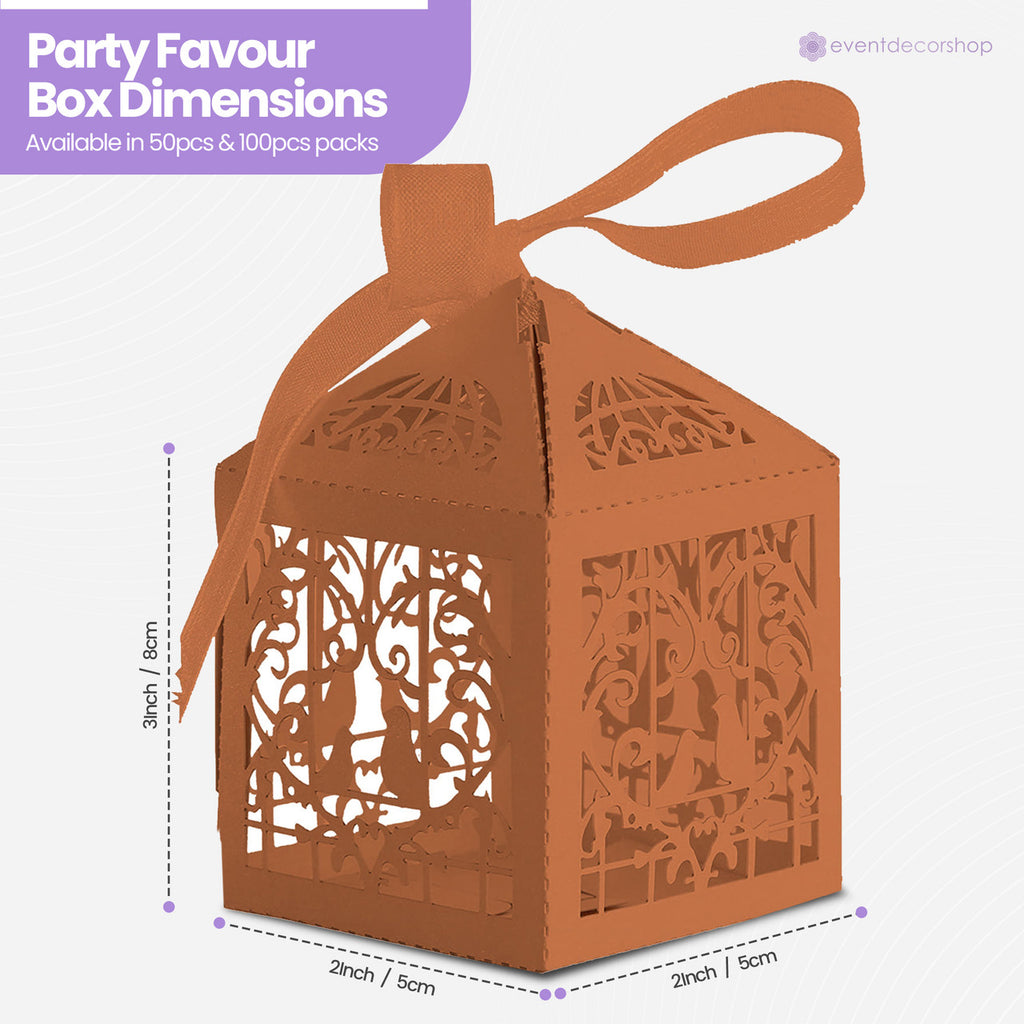 50x Laser Cut Love Heart & Doves Favours Box with Organza Ribbon - Orange