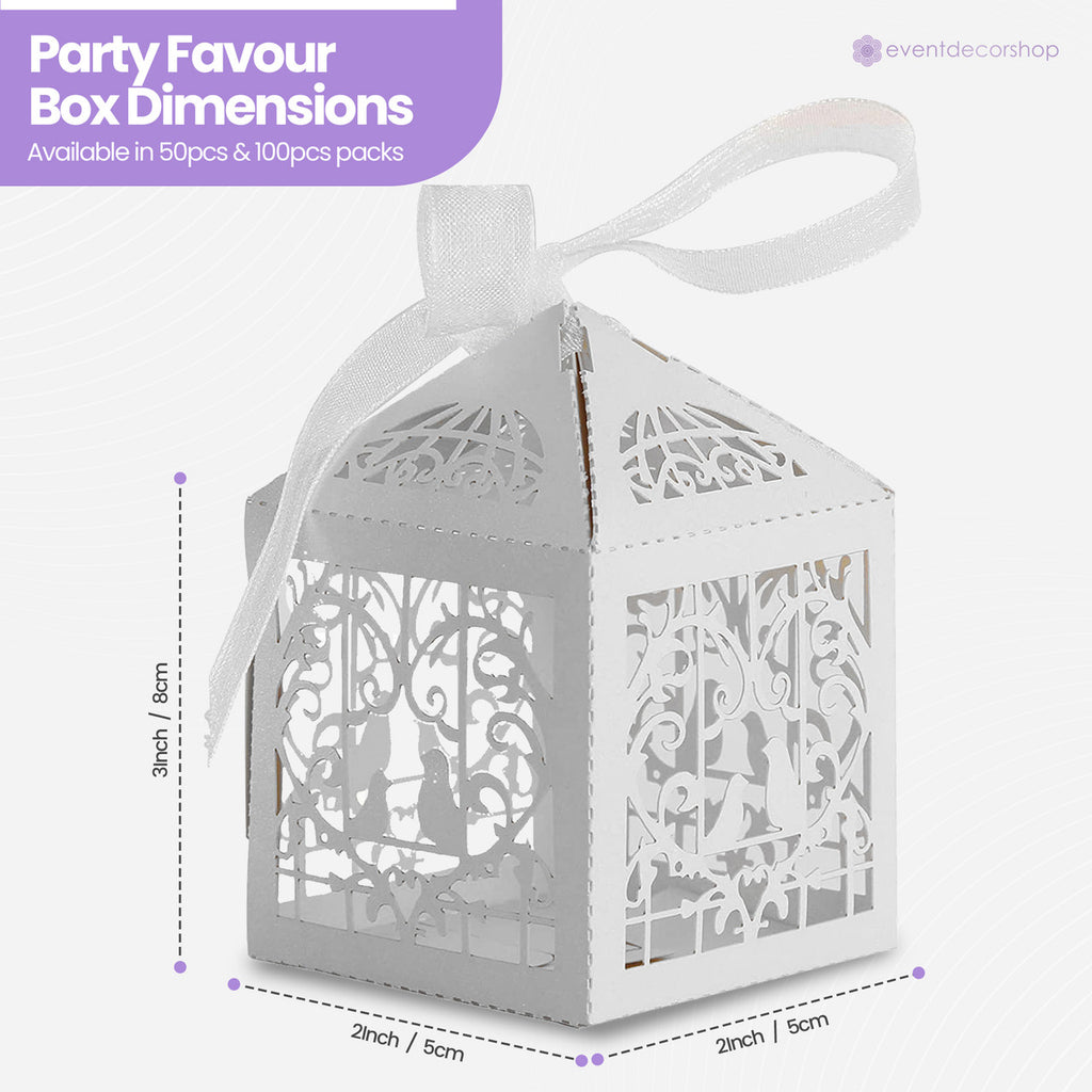 50x Laser Cut Love Heart & Doves Favours Box with Organza Ribbon - White