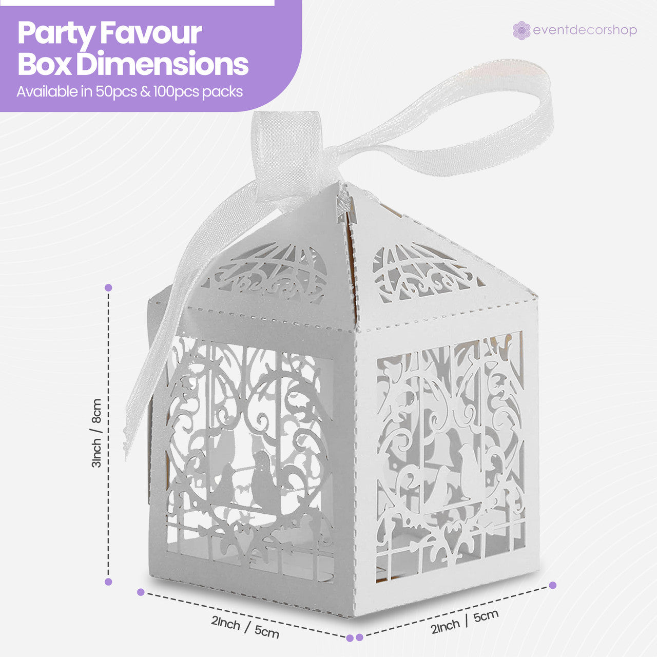 50x Laser Cut Love Heart & Doves Favours Box with Organza Ribbon - White