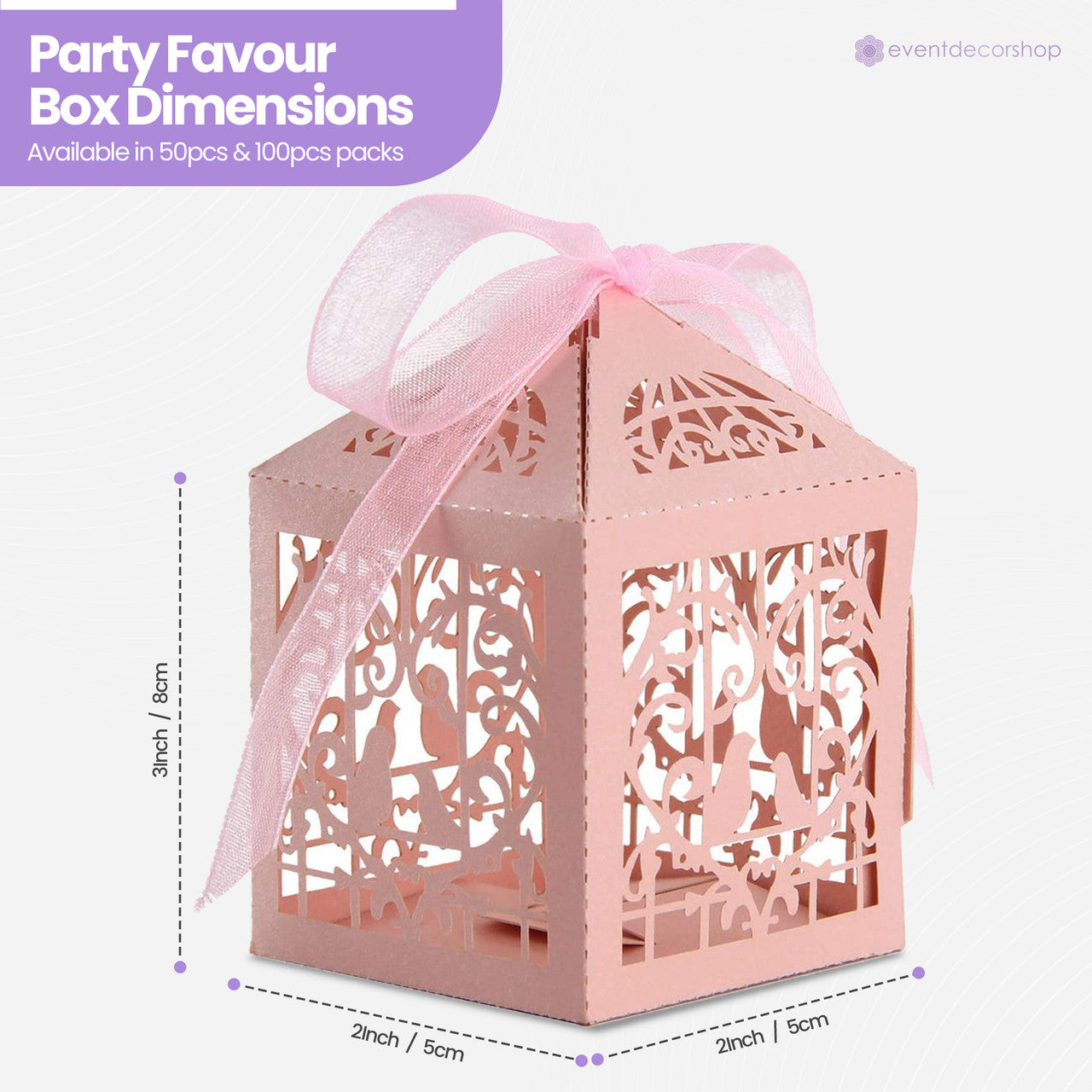 50x Laser Cut Love Heart & Doves Favours Box with Organza Ribbon - Pink