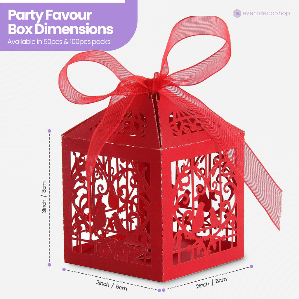 50x Laser Cut Love Heart & Doves Favours Box with Organza Ribbon - Red