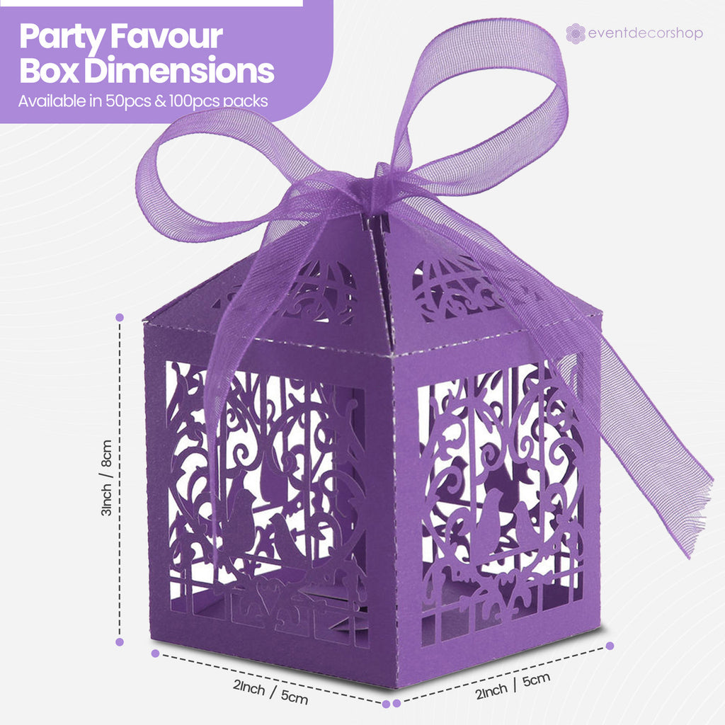 50x Laser Cut Love Heart & Doves Favours Box with Organza Ribbon - Dark Purple