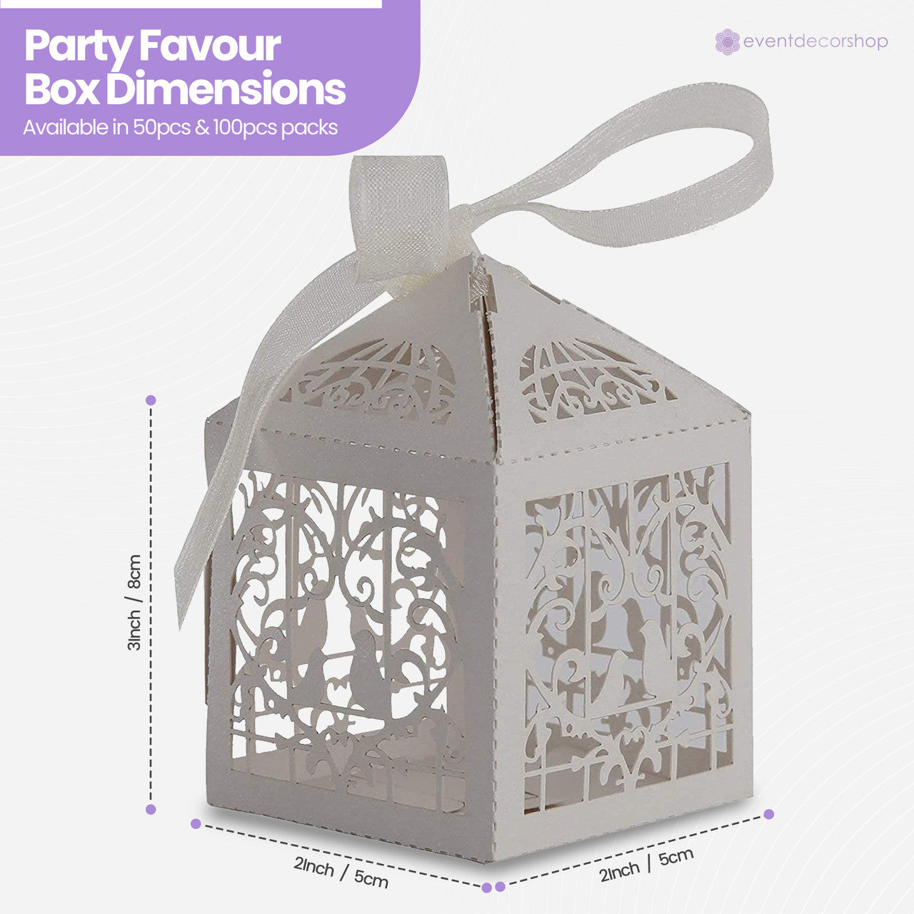 50x Laser Cut Love Heart & Doves Favours Box with Organza Ribbon - Silver