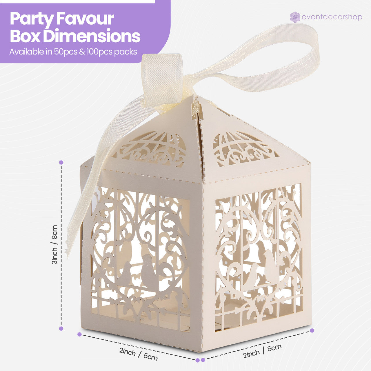 50x Laser Cut Love Heart & Doves Favours Box with Organza Ribbon - Beige