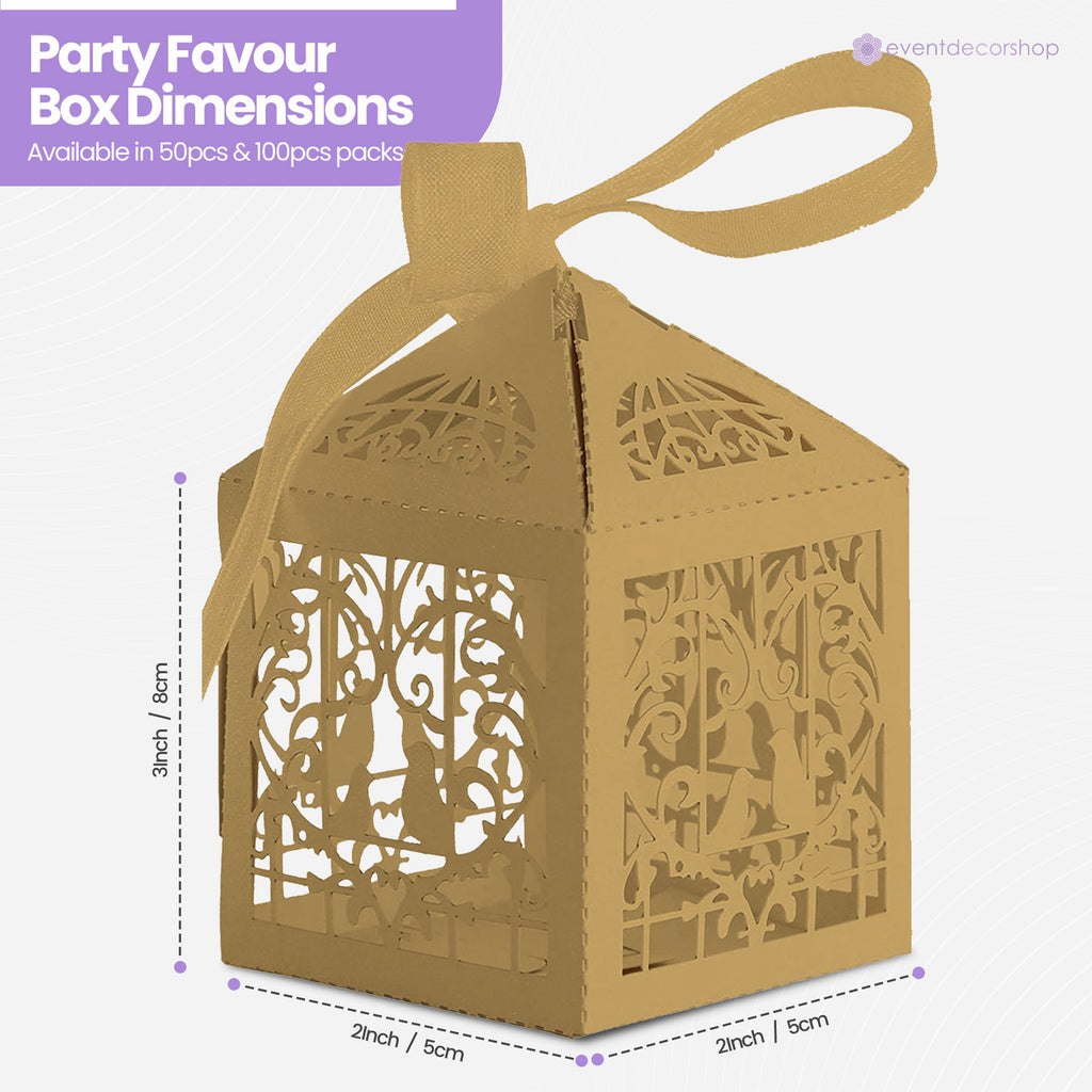 50x Laser Cut Love Heart & Doves Favours Box with Organza Ribbon - Gold