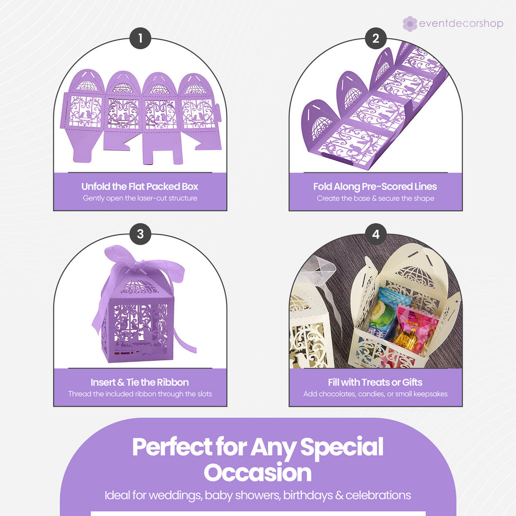 50x Laser Cut Love Heart & Doves Favours Box with Organza Ribbon - Beige