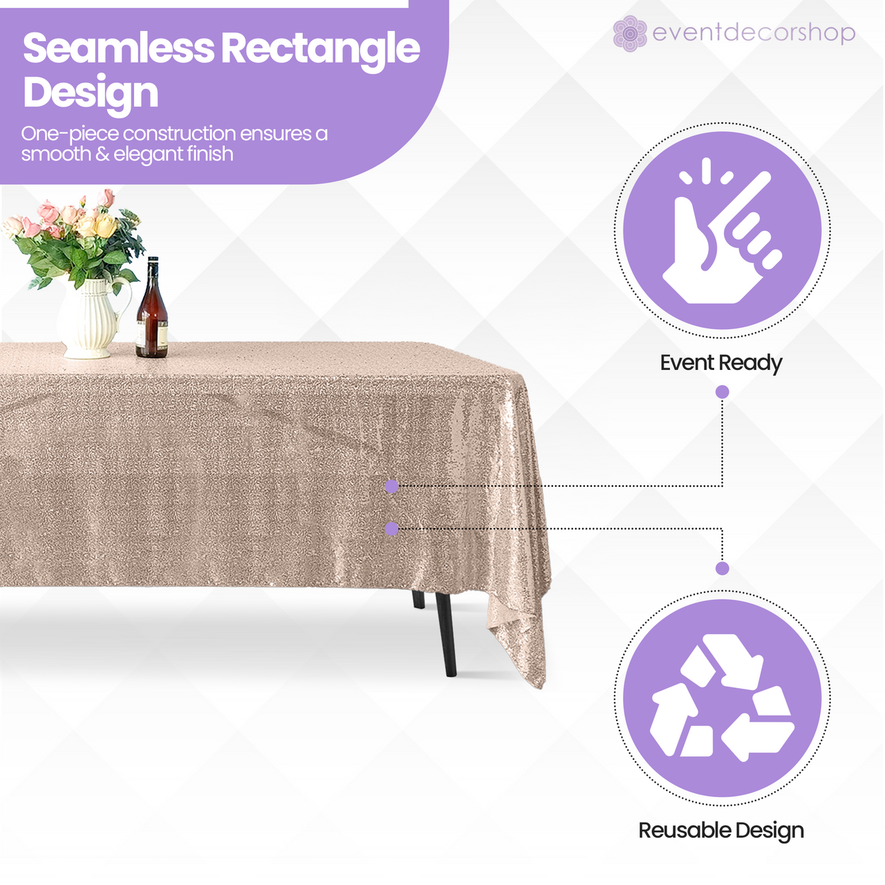 Sequin Rectangle Sparkly Tablecloth - Rose Gold
