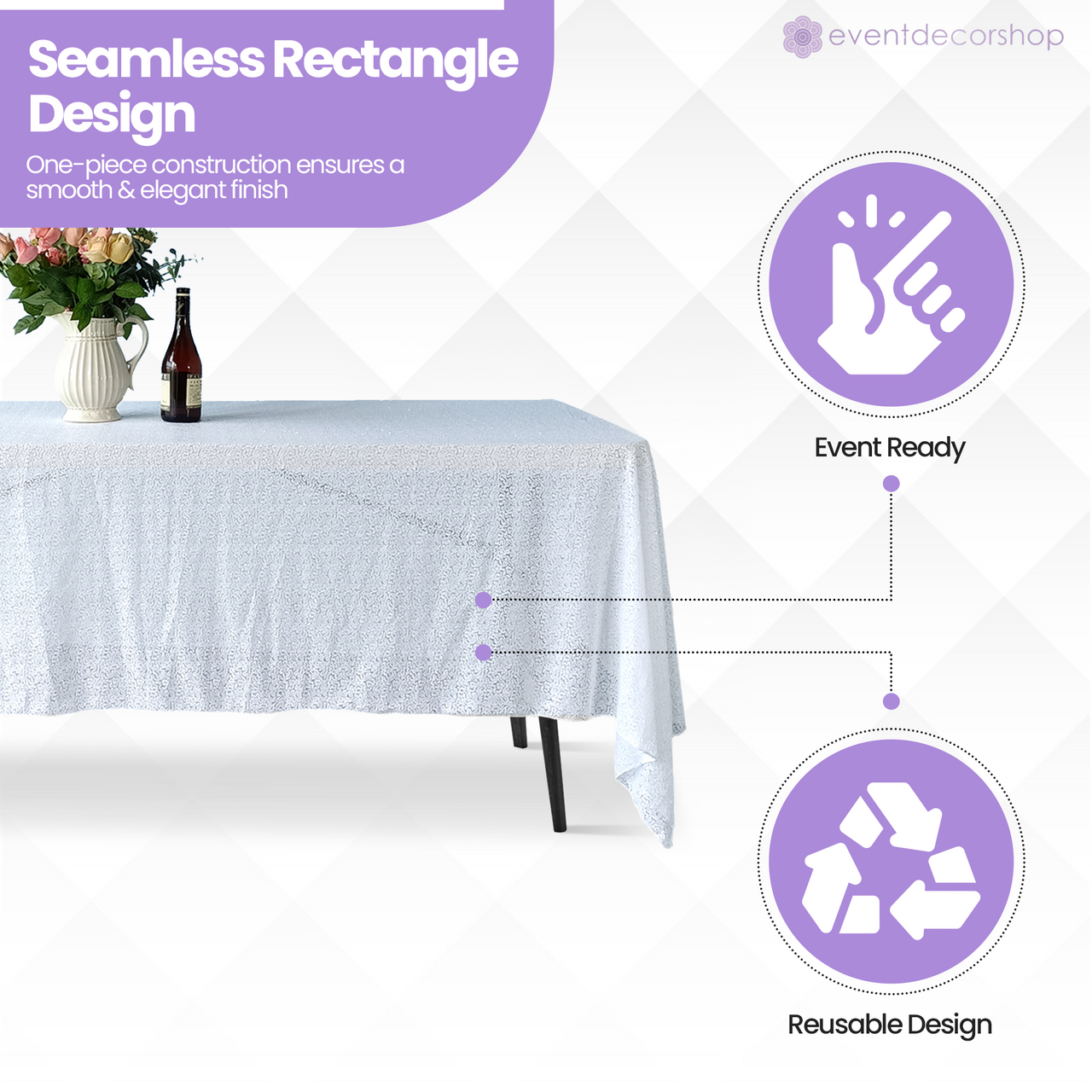 Sequin Rectangle Sparkly Tablecloth - White