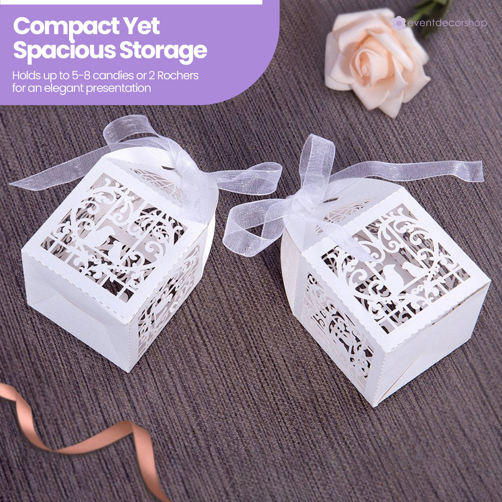 50x Laser Cut Love Heart & Doves Favours Box with Organza Ribbon - White