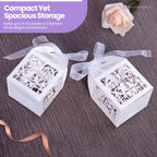 50x Laser Cut Love Heart & Doves Favours Box with Organza Ribbon - White