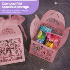50x Laser Cut Love Heart & Doves Favours Box with Organza Ribbon - Pink