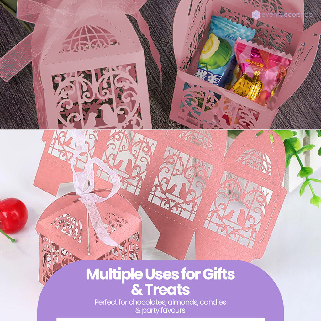 50x Laser Cut Love Heart & Doves Favours Box with Organza Ribbon - Pink