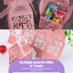 50x Laser Cut Love Heart & Doves Favours Box with Organza Ribbon - Pink