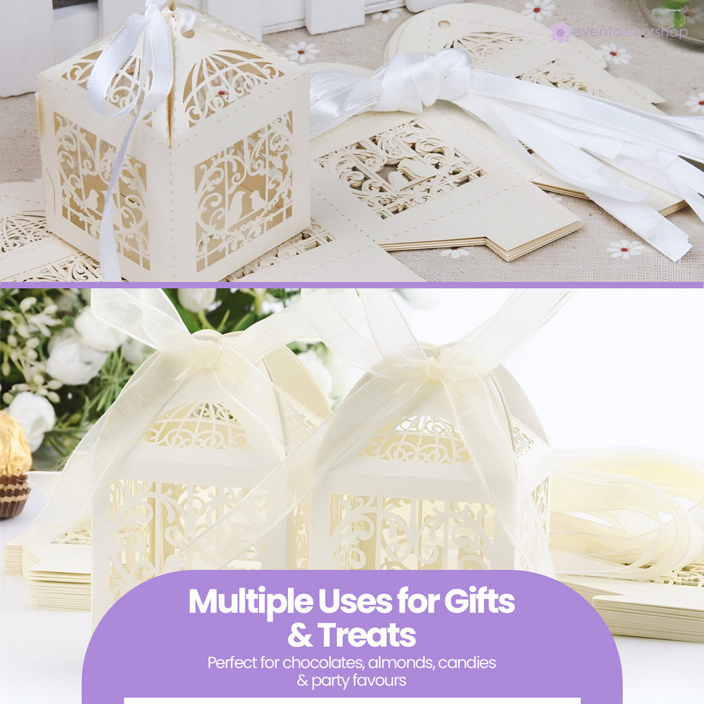 50x Laser Cut Love Heart & Doves Favours Box with Organza Ribbon - Beige