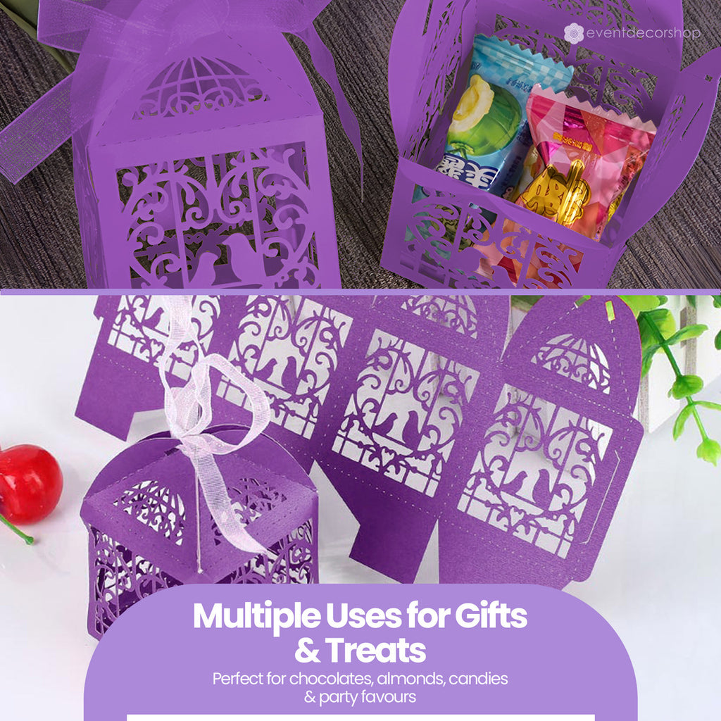 50x Laser Cut Love Heart & Doves Favours Box with Organza Ribbon - Dark Purple