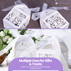 50x Laser Cut Love Heart & Doves Favours Box with Organza Ribbon - White