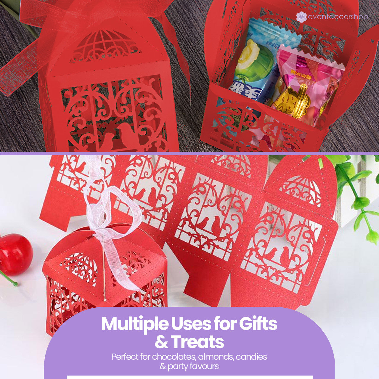 50x Laser Cut Love Heart & Doves Favours Box with Organza Ribbon - Red