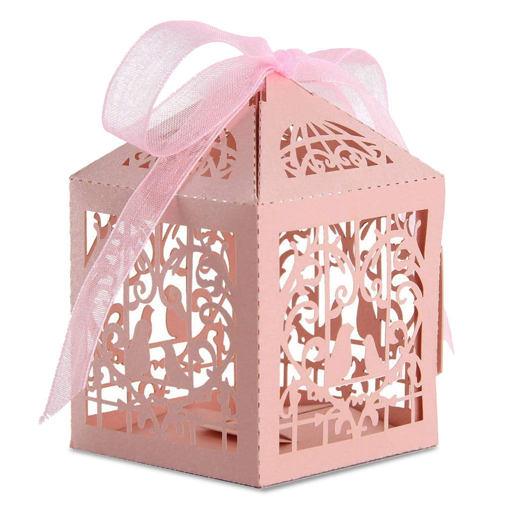 50x Laser Cut Love Heart & Doves Favours Box with Organza Ribbon - Pink