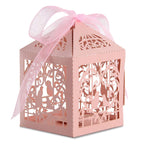 50x Laser Cut Love Heart & Doves Favours Box with Organza Ribbon - Pink