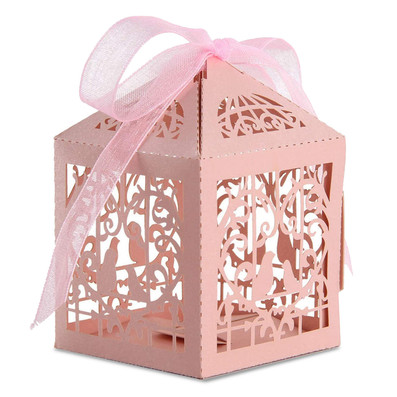 50x Laser Cut Love Heart & Doves Favours Box with Organza Ribbon - Pink