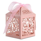 50x Laser Cut Love Heart & Doves Favours Box with Organza Ribbon - Pink