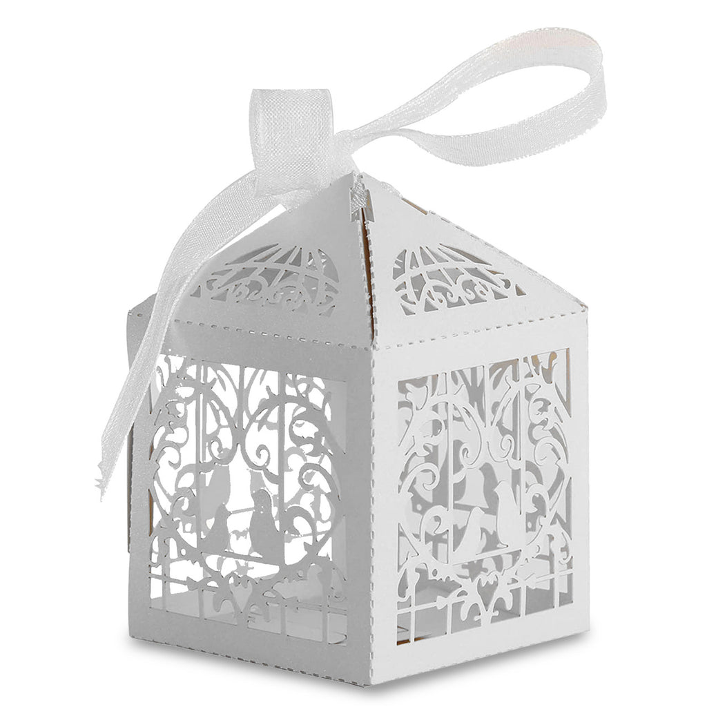 50x Laser Cut Love Heart & Doves Favours Box with Organza Ribbon - White