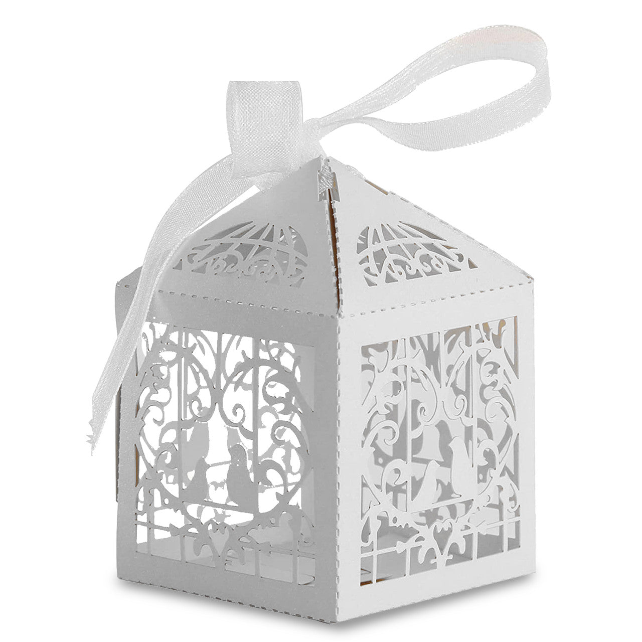 50x Laser Cut Love Heart & Doves Favours Box with Organza Ribbon - White