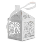 50x Laser Cut Love Heart & Doves Favours Box with Organza Ribbon - White