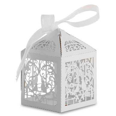 50x Laser Cut Love Heart & Doves Favours Box with Organza Ribbon - White