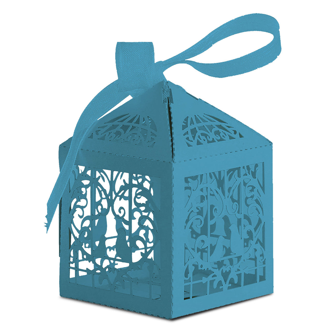 50x Laser Cut Love Heart & Doves Favours Box with Organza Ribbon - Sky Blue