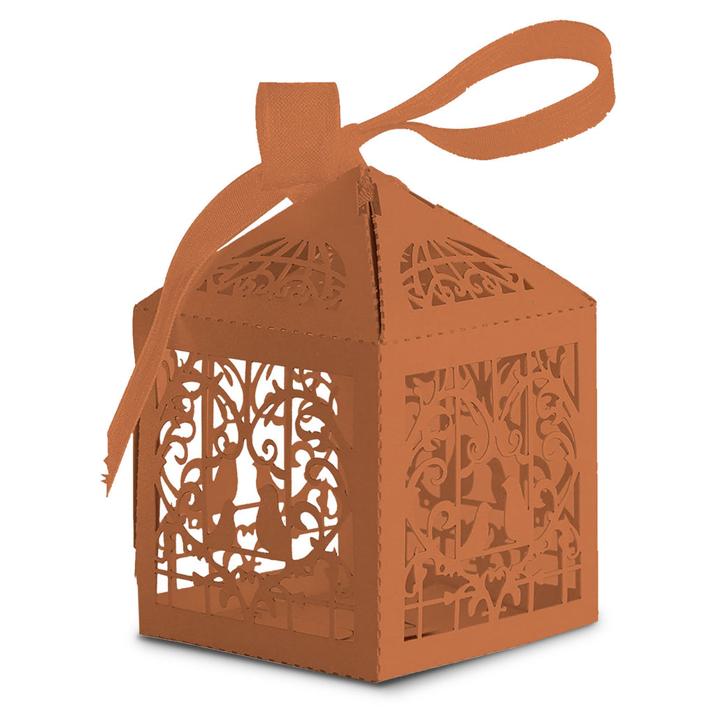 50x Laser Cut Love Heart & Doves Favours Box with Organza Ribbon - Orange