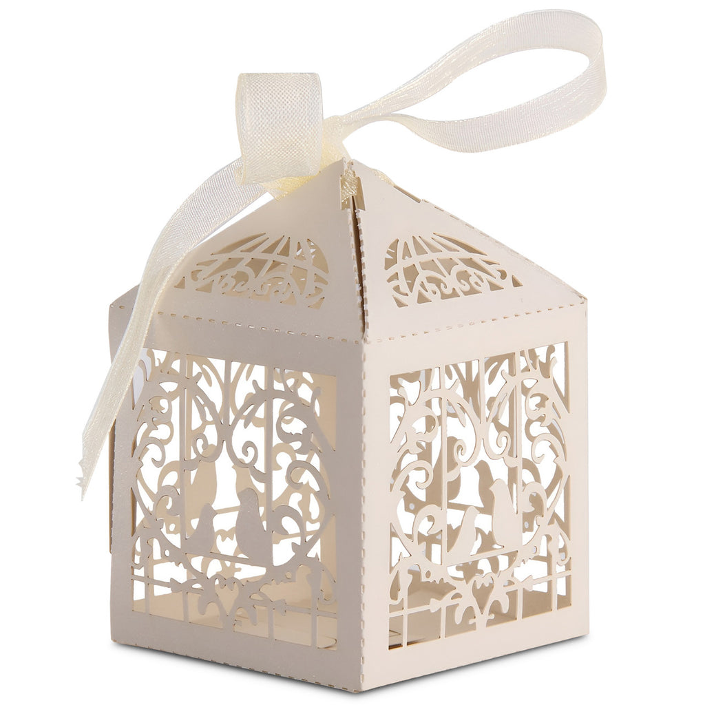 50x Laser Cut Love Heart & Doves Favours Box with Organza Ribbon - Beige