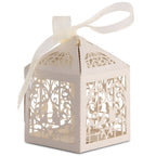 50x Laser Cut Love Heart & Doves Favours Box with Organza Ribbon - Beige