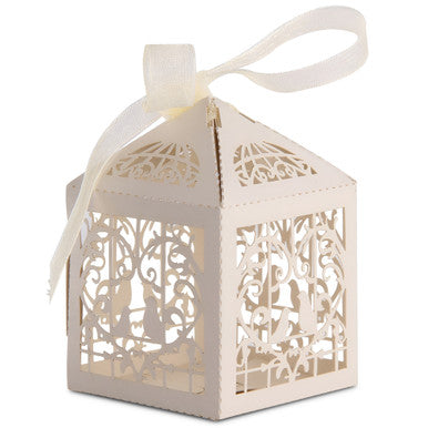 50x Laser Cut Love Heart & Doves Favours Box with Organza Ribbon - Beige